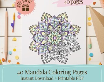 Coloring Pages for Adults Gift, Mandala Coloring Book Printable, Relaxing Creative Gift Idea, 40 Pages PDF