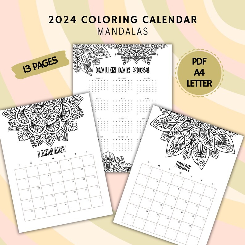 Printable Monthly Calendar 2024, Mandala Coloring Calendar, Mandala