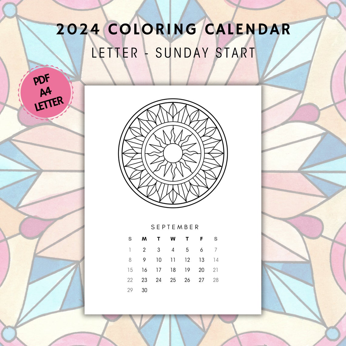 Mandala Coloring Calendar 2024, Mandala Coloring Pages, 2024 Mandala Calendar Printable, Adult ...