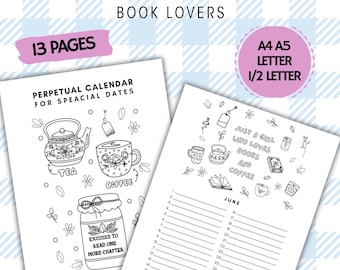 Book Lover Perpetual Calendar: Coloring Page Birthday Tracker (Digital Download)