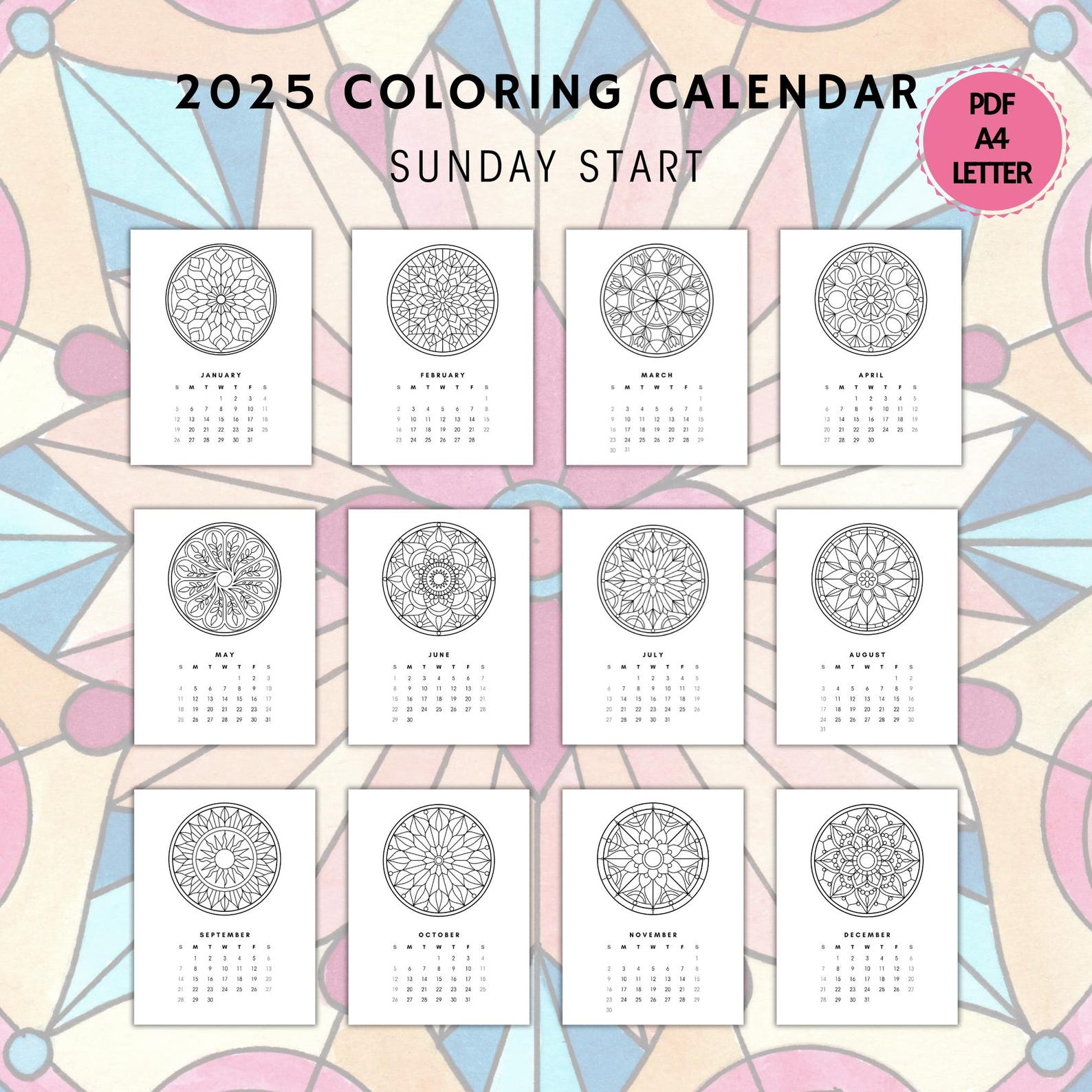 Calendar 2025 Mandalas, Coloring Calendar, Mandalas Printable Calendar ...