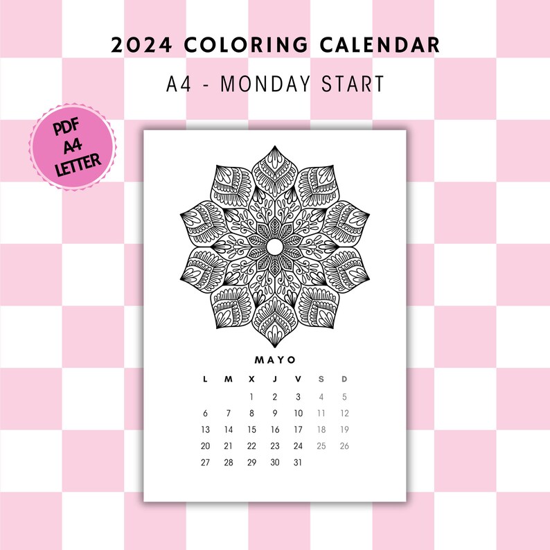 2024 Calendar Printable, Mandalas Calendar 2024, Coloring Calendar 2024