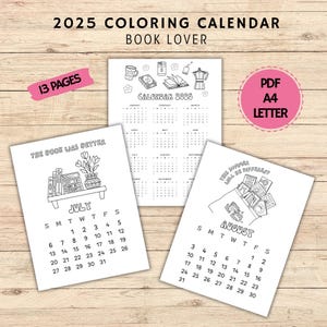 calendar 2025 book lover, coloring calendar, bookish printable calendar, coloring bookworm pages, calendar 2025 printable, 2025 calendar PDF