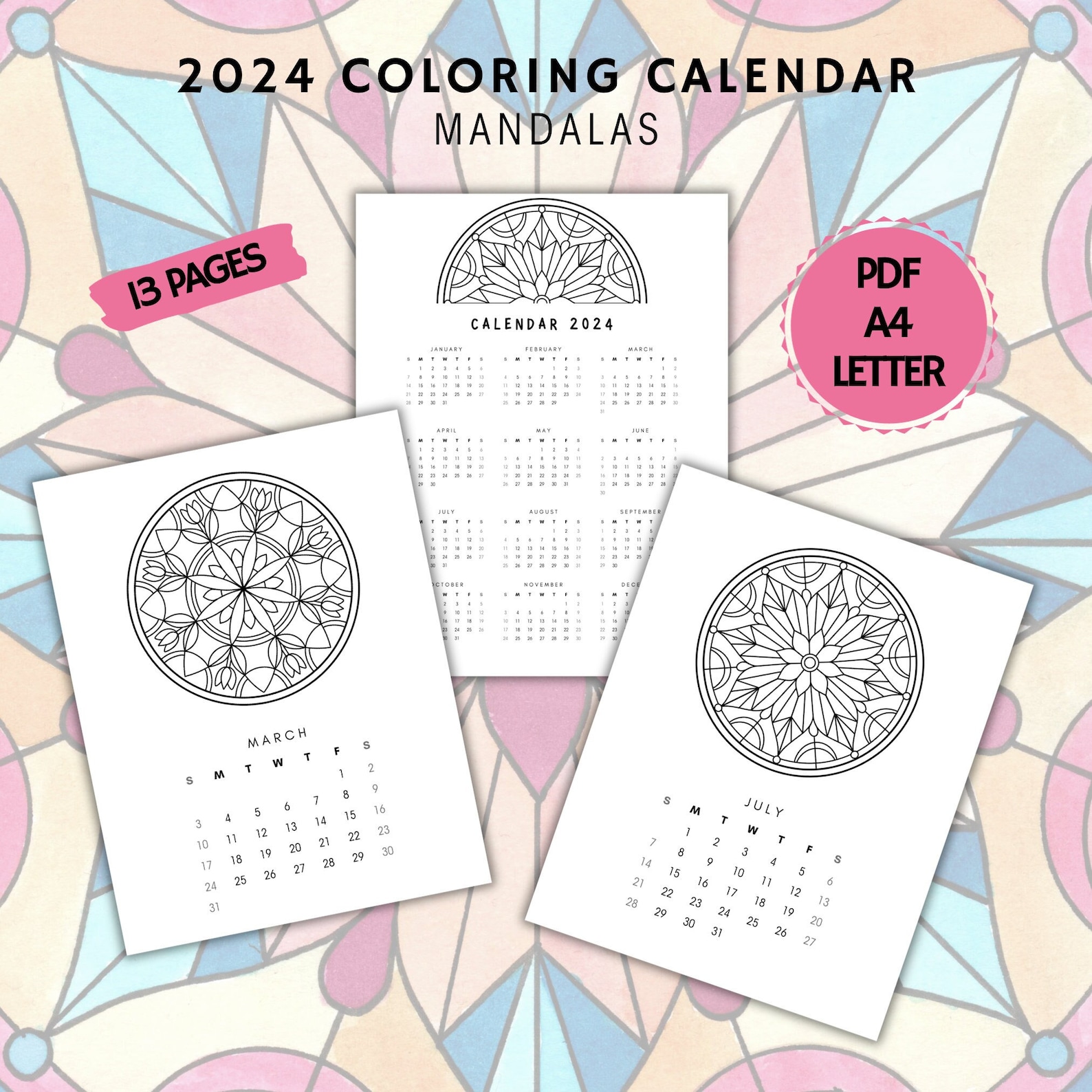 Mandala Coloring Calendar 2024, Mandala Coloring Pages, 2024 Mandala Calendar Printable, Adult ...