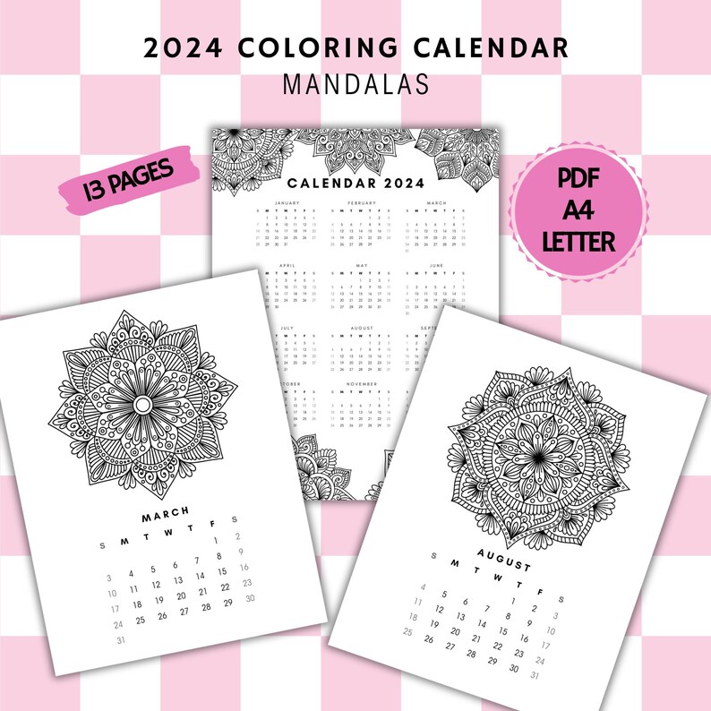 2024 Calendar Printable, Mandalas Calendar 2024, Coloring Calendar 2024 ...
