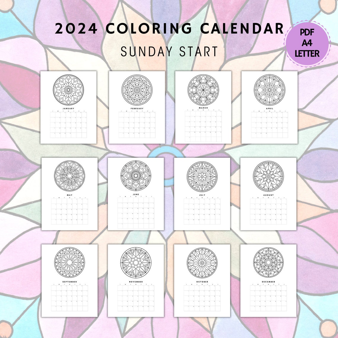 Mandala Coloring Calendar 2024, Mandala Coloring Pages, 2024 Mandala Calendar Printable, 2024 ...