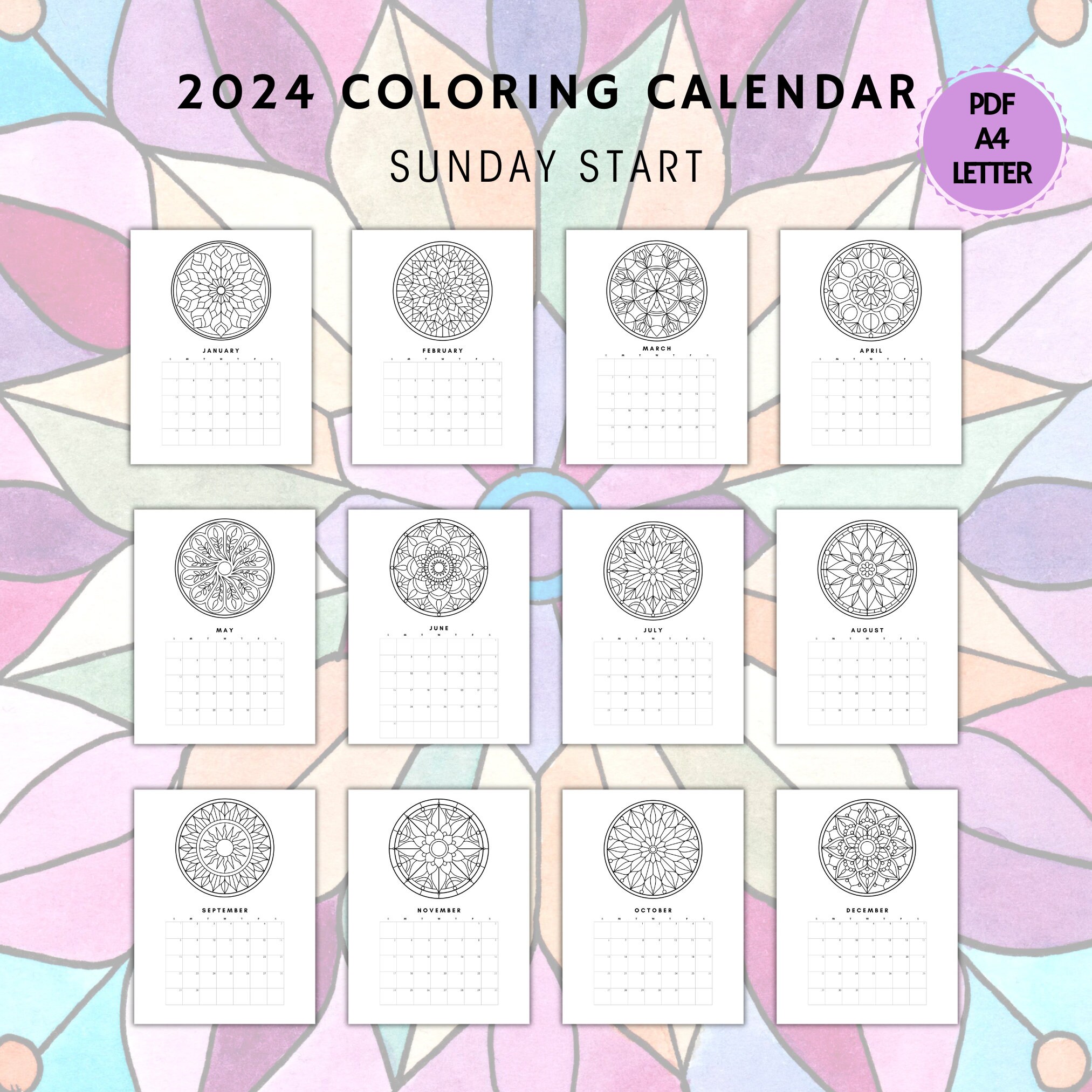 Mandala Coloring Calendar 2024, Mandala Coloring Pages, 2024 Mandala ...