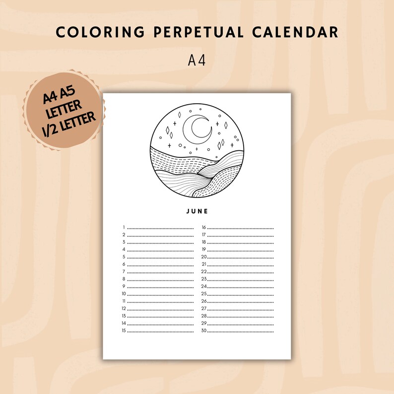 Coloring Perpetual Calendar, Birthday Calendar With Minimalist Scenery ...