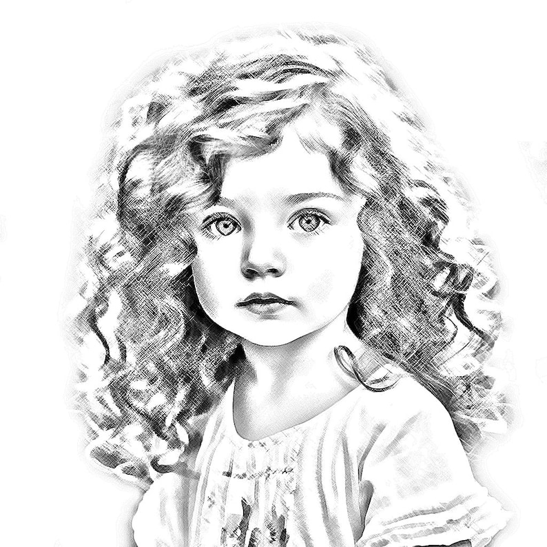 May include: A black and white pencil drawing of a young girl with curly hair. She is looking directly at the viewer with a serious expression.