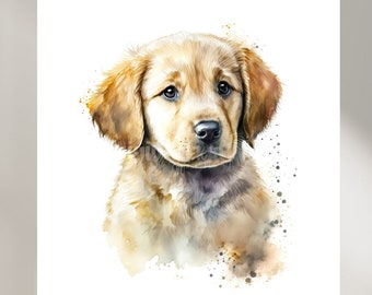 May include: A watercolor painting of a golden retriever puppy with brown eyes. The puppy is looking at the viewer with a sweet expression. The background is a soft white with watercolor splatters.
