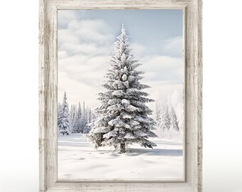モミの木の絵画プリント、雪のクリスマスツリーのウォールアート