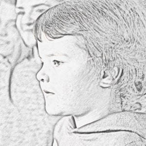 May include: A black and white pencil sketch of a young person with short hair looking to the side. The person is wearing a hooded sweatshirt.