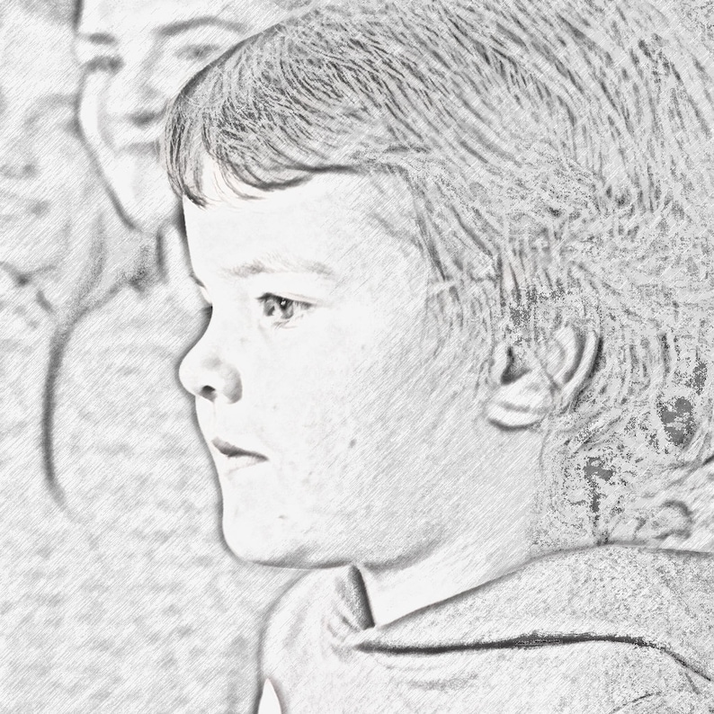 May include: A black and white pencil sketch of a young person with short hair looking to the side. The person is wearing a hooded sweatshirt.