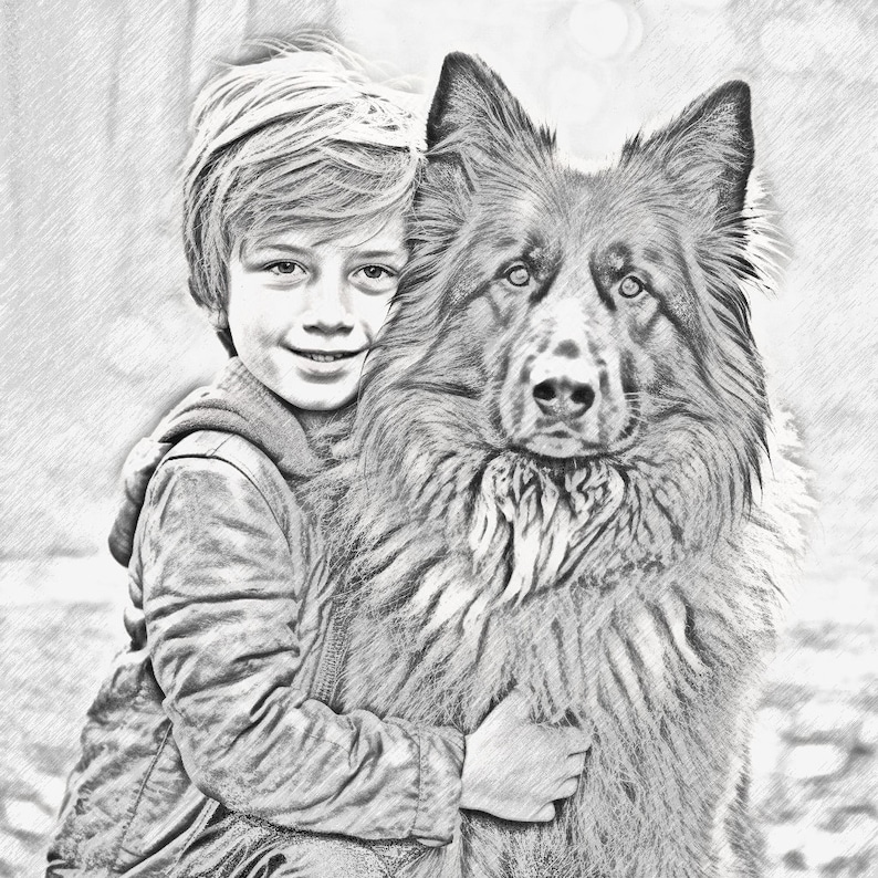 May include: A black and white pencil drawing of a young person with short hair hugging a large dog. The dog has long fur and a kind expression.