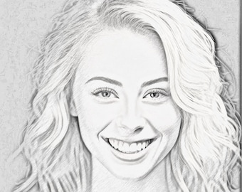 May include: A black and white pencil drawing of a woman with long, wavy hair. She is smiling and has her eyes open. The drawing is done in a realistic style.