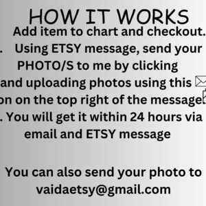 May include: How it works: Add an item to your cart and checkout. Send your photos to the seller using the Etsy message feature. You will receive your personalized item within 24 hours via email and Etsy message. You can also send your photos to vaidaetsy@gmail.com.