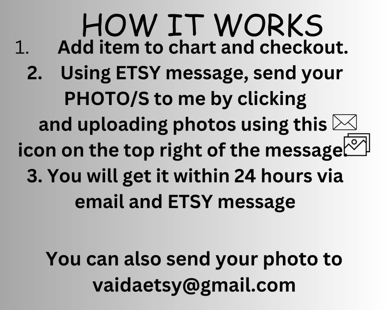 May include: How it works: Add an item to your cart and checkout. Send your photos to the seller using the Etsy message feature. You will receive your personalized item within 24 hours via email and Etsy message. You can also send your photos to vaidaetsy@gmail.com.