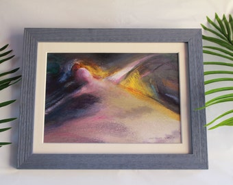 Original Abstract Painting, Purple Blue Yellow & Pink Color Hues, Pastels and Paint, Framed Signed, Interpretation Needed Paper California