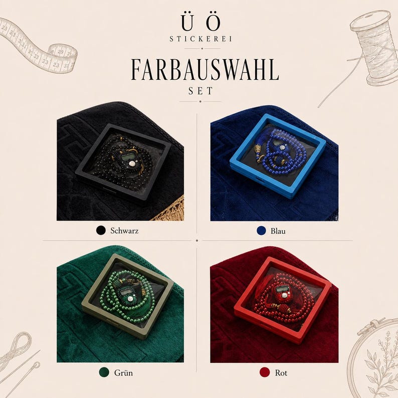 Peut inclure: Un ensemble de s&eacute;lection de couleurs comprenant quatre bo&icirc;tes de pr&eacute;sentation carr&eacute;es, chacune contenant un chapelet assorti et un compteur num&eacute;rique. Les ensembles sont pr&eacute;sent&eacute;s en noir, bleu, vert et rouge, avec le texte "&Uuml; &Ouml; STICKEREI FARBAUSWAHL SET".