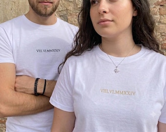 T-shirt personnalisé brodé pour couple, t-shirt à chiffres romains, date d'anniversaire, date de mariage, Saint-Valentin, t-shirt assorti pour couple