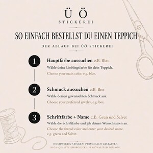 Peut inclure: Un graphique informatif pour &Uuml; &Ouml; Stickerei d&eacute;taillant un processus de commande en trois &eacute;tapes pour un tapis. Il pr&eacute;sente du texte noir sur fond clair, avec des illustrations de ciseaux et une bobine de fil, et des &eacute;tapes num&eacute;rot&eacute;es.