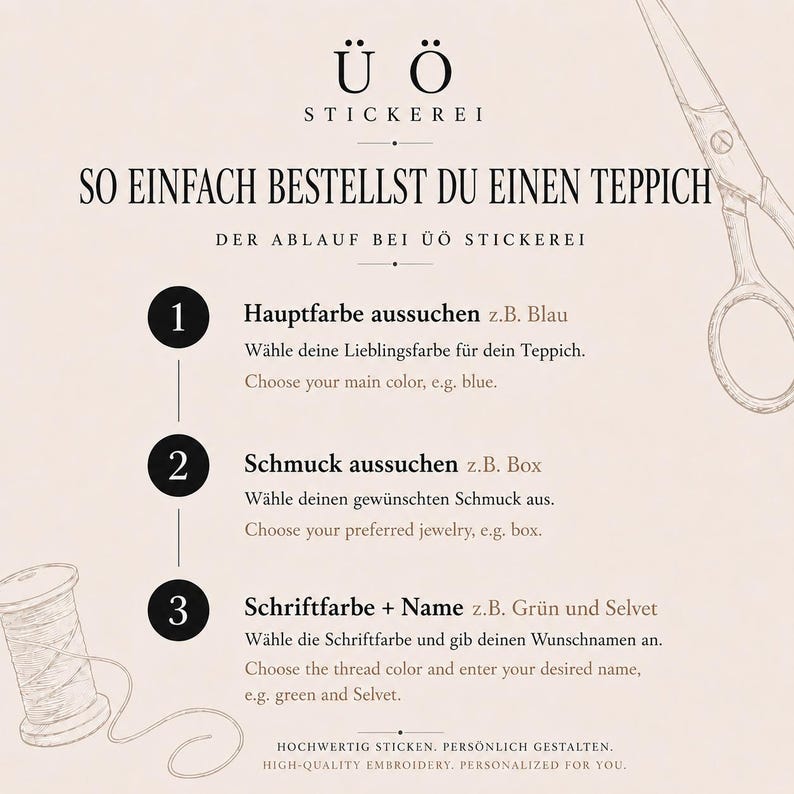 Peut inclure: Un graphique informatif pour &Uuml; &Ouml; Stickerei d&eacute;taillant un processus de commande en trois &eacute;tapes pour un tapis. Il pr&eacute;sente du texte noir sur fond clair, avec des illustrations de ciseaux et une bobine de fil, et des &eacute;tapes num&eacute;rot&eacute;es.