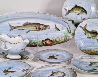 Service à poisson ancien en porcelaine 1re moitié du 19e siècle / Manufacture de porcelaine d'Elbogen