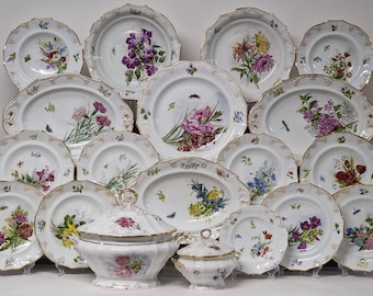 Servicio de cena Flora totalmente pintado a mano Dusi & Ferry Aurora / Servicio de cena de porcelana de la monarquía austrohúngara del siglo XIX