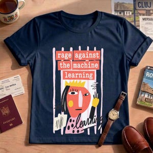 Puede incluir: Una camiseta de manga corta azul marino oscuro con un estampado gráfico de rayas verticales blancas y un rostro estilizado. El texto "rage against the machine learning" aparece en bloques rectangulares blancos y rojos, con "learning" debajo.