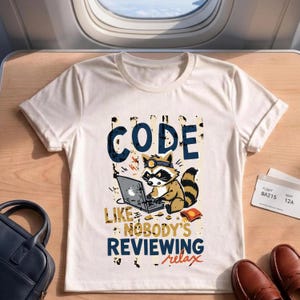 May include: A cream-coloured short-sleeve t-shirt featuring a graphic of a raccoon wearing a headlamp and using a laptop. The text reads CODE LIKE NOBODY'S REVIEWING. The design includes distressed vertical stripes and a small orange snack bag.