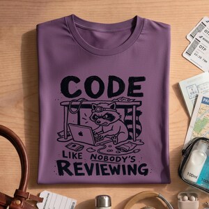 Funny Coding Shirt, Programmer Gift, Code Like Nobody's Reviewing, Developer Tee, Raccoon Graphic, Software Engineer, Unisex Computer Shirt image 5