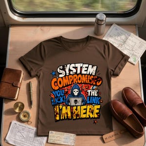 May include: A brown short-sleeved t-shirt featuring a graphic of a hooded figure with a skull face using a laptop. The text reads: SYSTEM COMPROMISED YOU LICK! THE LINK I'M HERE. The design uses orange, blue, white, and black colours in a comic book style.