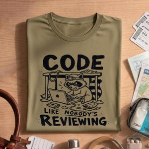 Funny Coding Shirt, Programmer Gift, Code Like Nobody's Reviewing, Developer Tee, Raccoon Graphic, Software Engineer, Unisex Computer Shirt image 4
