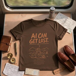 Peut inclure: Un t-shirt marron à manches courtes avec le texte AI CAN GET LOST en orange et un dessin de robot consultant une carte. Le vêtement est posé sur une surface en bois avec un carnet en cuir, un stylo, une boussole et des mocassins marron.