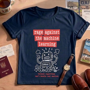 Può includere: Una t-shirt blu navy a maniche corte con il testo rosso "rage against the machine learning" sopra un disegno al tratto bianco di un robot in difficoltà con il testo "ERROR!" e "because algorithms can't handle real emotion."