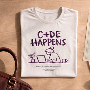 May include: A cream-coloured t-shirt featuring dark purple text that reads C+DE HAPPENS above a line drawing of a person working at a laptop with a plant and a mug. Below the graphic, smaller text reads: Some days the code flows, other days it fights back.