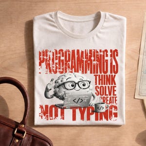 Puede incluir: Una camiseta blanca con un gráfico de un cerebro con gafas, sentado ante un portátil y sosteniendo una taza de café. El texto rojo dice: PROGRAMMING IS THINK SOLVE CREATE NOT TYPING. El cerebro está representado como un personaje con brazos.