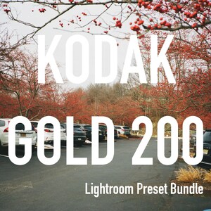 May include: A Lightroom preset bundle for photographers, inspired by Kodak Gold 200 film. The image shows a car park with cars and trees in the background. The text "Kodak Gold 200" is in white letters on a black background.
