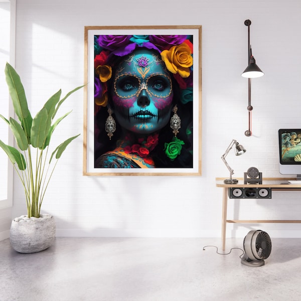 La Catrina, Mythos, Digitale Kunst, Farbenfroh,  digitaler downlad, digitale Kunst, Künstliche Inteligenz, AIArt, Digitale Wandkunst