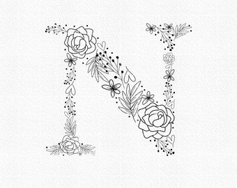 Flower alphabet N svg - monogram svg - alphabet svg - monogram letter N svg - png - dxf -jpg- floral svg - floral letter - rose