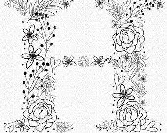 Flower alphabet H svg - monogram svg - alphabet svg - monogram letter H svg - png - dxf - jpg - floral svg- floral letter - rose