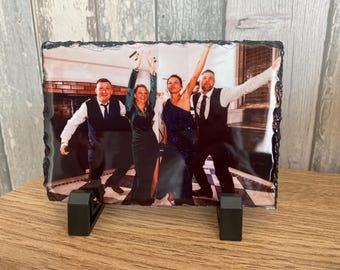 Personalised Photo Slate Plaque | Custom Rock Edge Keepsake with Stand