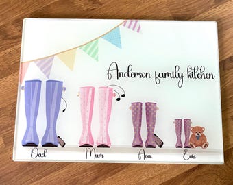 Personalised Family Glass Chopping Board | Custom Kitchen Worktop Saver | Family Wellies Design | Housewarming Gift UK