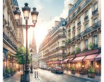 May include: A watercolor illustration of a Parisian street scene with a lamppost in the foreground, buildings lining the street, and a church steeple in the distance. The buildings have balconies and awnings, and there are people walking on the sidewalk.