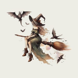 Witch on Broomstick Art Print: Spooky Halloween Decor (Digital Download)