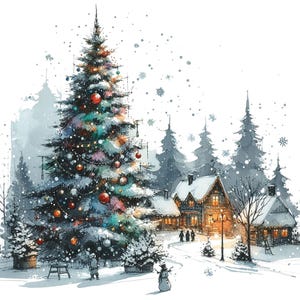 Stampa del villaggio di Natale: scena invernale innevata (decorazione digitale)