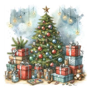 Christmas Tree, Watercolour, Digital Art Print, Christmas Poster, A3 vertical size,Festive Home Decoration, JPG & PDF Winter wall Art.