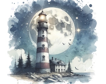 Lighthouse Moonlight Print: Coastal Nautical Wall Art (Digital Download)