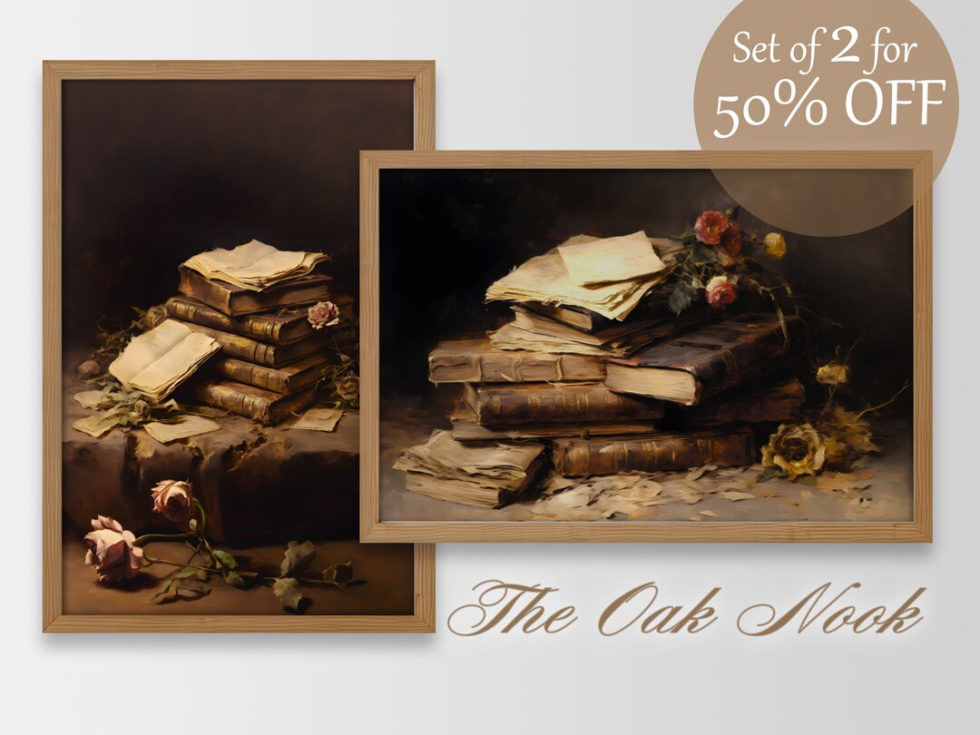 Set of 2 Printable Vintage Still Life Paintings of Books and - Etsy