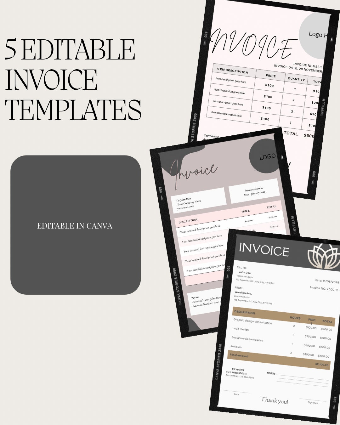 5 Invoice Template Editable, Small Business Custom Order Form Printable ...